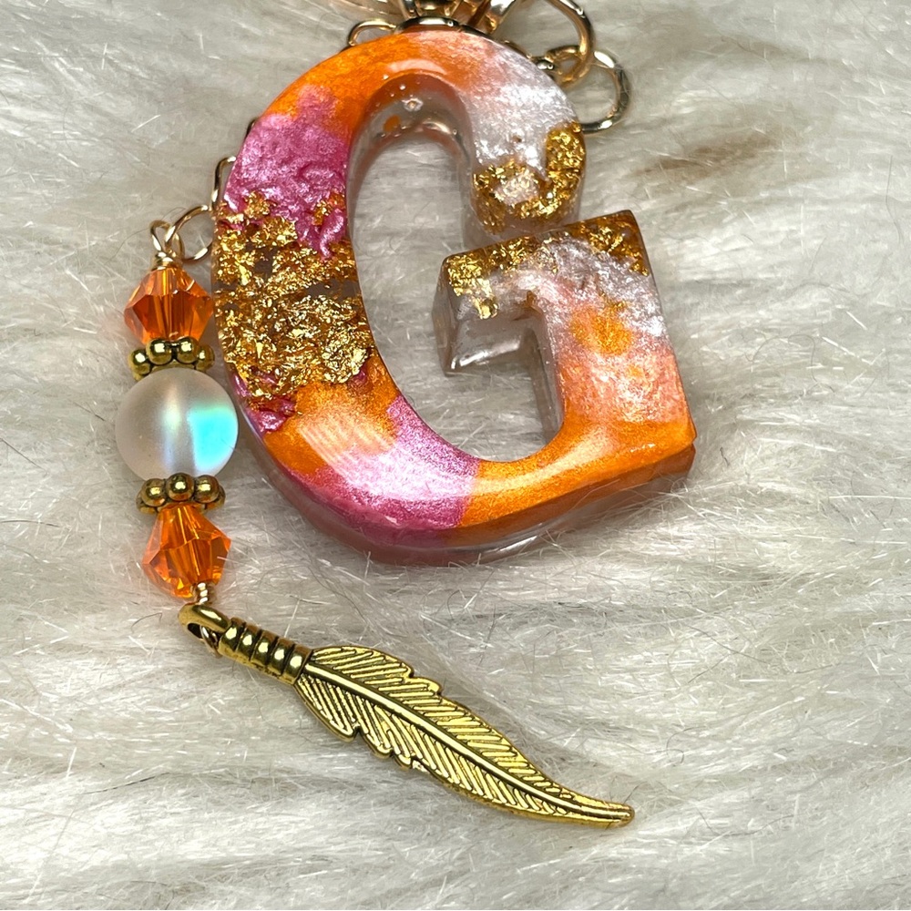 Custom Orange And Pink Initial Letter “G” Keychain with Gold Accents - Picture 5 of 6